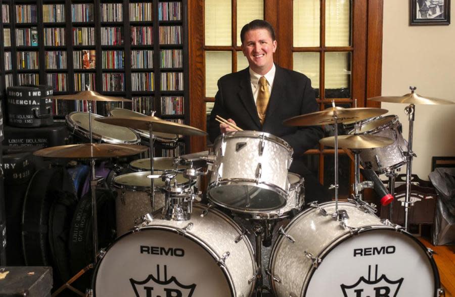 Josh Duffee at his Davenport home with a drum set formerly owned by Bellson.