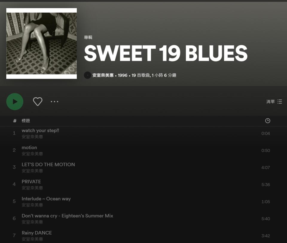 安室奈美惠的歌曲在Spotify上雖有顯示，但皆無法收聽。（翻攝自Spotify）
