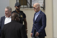 President Joe Biden leaves Holy Cross Catholic Church in Christiansted, U.S. Virgin Islands, after attending a Mass, Sunday, Jan. 1, 2023. (AP Photo/Manuel Balce Ceneta)