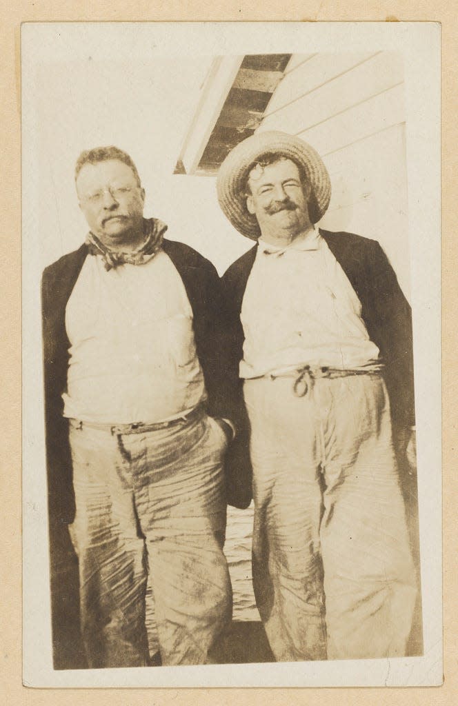 Colonel Theodore Roosevelt and Russell J. Coles on a devil fish harpooning expedition on the coast of Florida. March 16, 1917