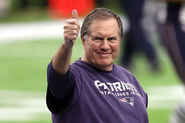 HOUSTON, TX - FEBRUARY 05: Head coach Bill Belichick of the New England Patriots gives a thumbs up on the field prior to Super Bowl 51 against the Atlanta Falcons at NRG Stadium on February 5, 2017 in Houston, Texas.  (Photo by Patrick Smith/Getty Images)