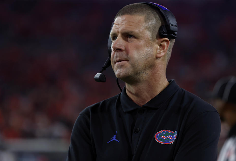 Oct 29, 2022; Jacksonville, Florida; Florida Gators head coach Billy Napier looks on against the Georgia Bulldogs during the second half at TIAA Bank Field. Kim Klement-USA TODAY Sports