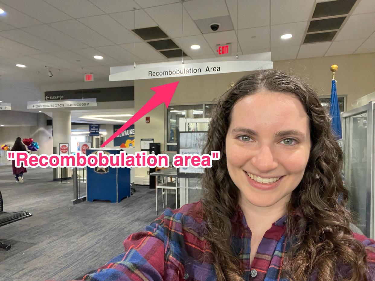 Talia Lakritz in the Milwaukee airport's recomcobulation area, skitched for emphasis.