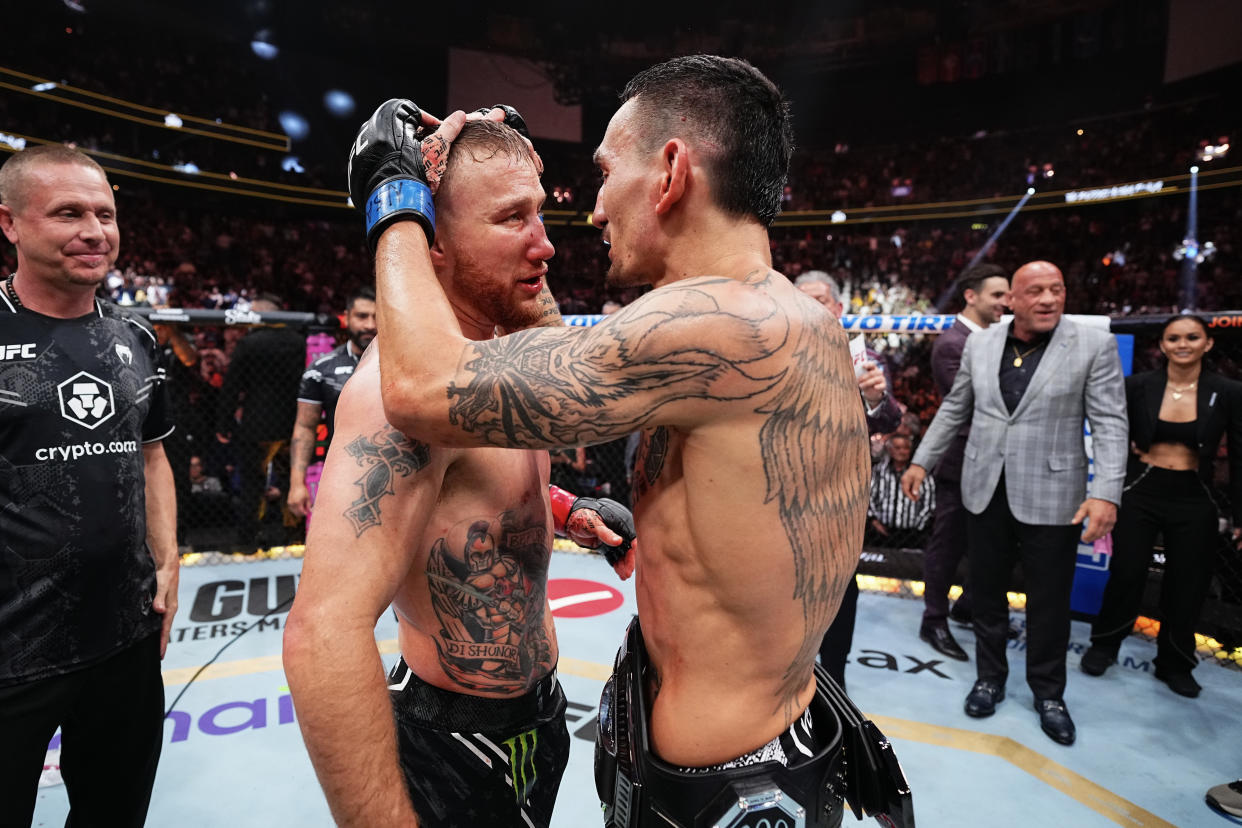 LAS VEGAS, NEVADA - APRIL 13: Justin Gaethje and Max Holloway congratulate each other in the BMF championship fight during the UFC 300 event at T-Mobile Arena on April 13, 2024 in Las Vegas, Nevada.  (Photo by Jeff Bottari/Zuffa LLC via Getty Images)