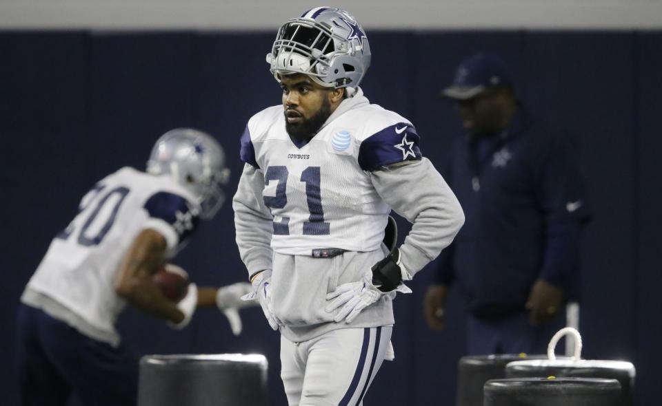 Still waiting: Cowboys RB Ezekiel Elliott still hasn't gotten a decision from the NFL on whether he'll be punished for a 2015 domestic violence accusation. (AP)