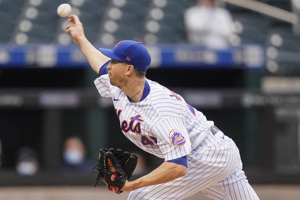 New York Mets' Jacob deGrom delivers a pitch during the first inning of a baseball game against the Boston Red Sox Wednesday, April 28, 2021, in New York. (AP Photo/Frank Franklin II)