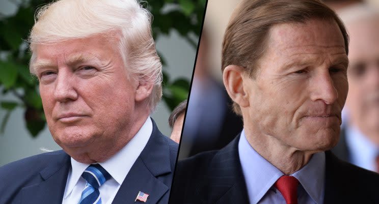 President Donald Trump, left, and Sen. Richard Blumenthal, D-Conn. (Photos: Cheriss May/NurPhoto via Getty Images, RJ Sangosti/The Denver Post via Getty Images)