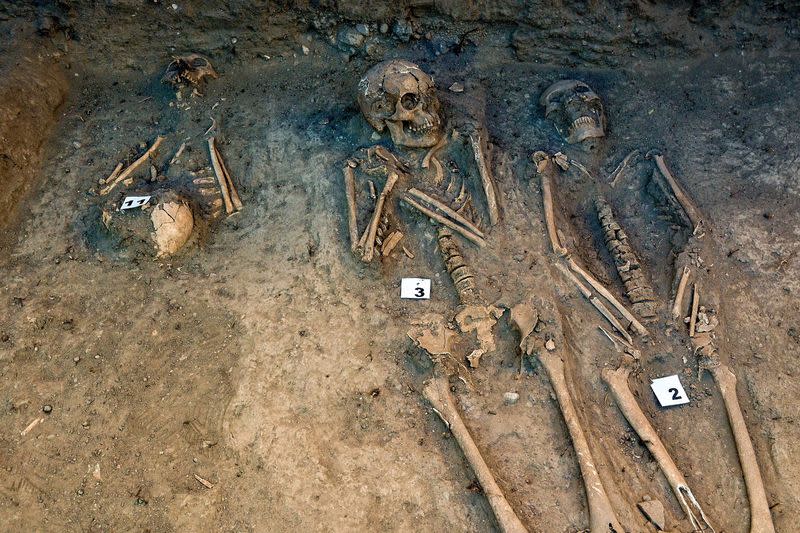 A view shows human remains discovered by archaeologists from INAH in Chapultepec park