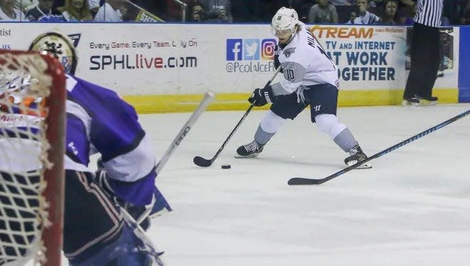 Pensacola Ice Flyers forward Garrett Milan preps for a shot on goal during an undated game from the Pensacola Bay Center.