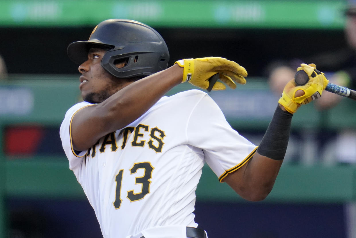 Pittsburgh Pirates' Ke'Bryan Hayes follows through on a two-run home run off Miami Marlins starting pitcher Cody Poteet during the first inning of a baseball game in Pittsburgh, Friday, June 4, 2021. (AP Photo/Gene J. Puskar)