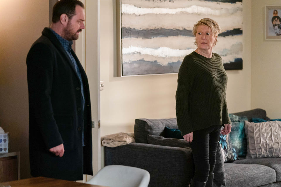 WARNING: Embargoed for publication until 00:00:01 on 02/02/2021 - Programme Name: EastEnders - January-March 2021 - TX: 09/02/2021 - Episode: EastEnders - January-March 2021- 6218 (No. 6218) - Picture Shows: ***EMBARGOED TILL TUESDAY 2ND FEBRUARY 2021*** Mick Carter (DANNY DYER), Shirley Carter (LINDA HENRY) - (C) BBC - Photographer: Kieron McCarron/Jack Barnes