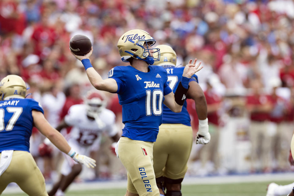 Tulsa quarterback Roman Fuller (10) passes against Oklahoma during the first half of an NCAA college football game Saturday, Sept. 16, 2023, in Tulsa, Okla. (AP Photo/Alonzo Adams)