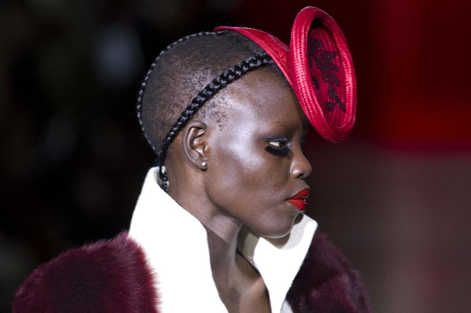 A model wears a creation from designer Fatima Lopes as part of the Fall-Winter, ready-to-wear 2013 fashion collection, during Paris Fashion week, Tuesday, Feb. 28, 2012. (AP Photo/Jacques Brinon)