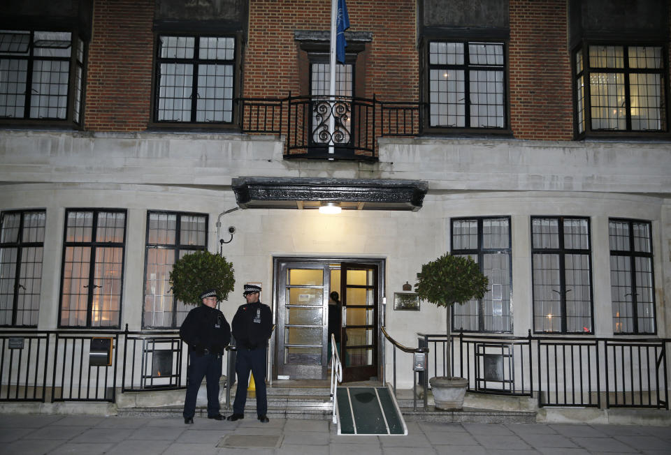 Two policemen stand guard outside King Edward VII hospital , in central London, Friday, Dec. 7, 2012. King Edward VII hospital says a nurse involved in a prank telephone call to elicit information about the Duchess of Cambridge has died. The hospital said Friday that Jacintha Saldanha had been a victim of the call made by two Australian radio disc jockeys. They did not immediately say what role she played in the call. (AP Photo/Lefteris Pitarakis)