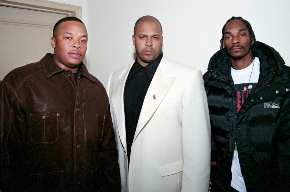 American rapper and producer Dr Dre (born Andre Young), record executive Suge Knight (born Marion Knight Jr), and rapper Snoop Dogg (born Calvin Broadus Jr) attend the premiere party for ‘Murder Was the Case’ (directed by Dre and Fab Five Freddy), New York, New York, circa 1995. The short film starred Snoop Doog and it’s soundtrack was released on Knight’s record label. (Photo by Nitro/Getty Images)