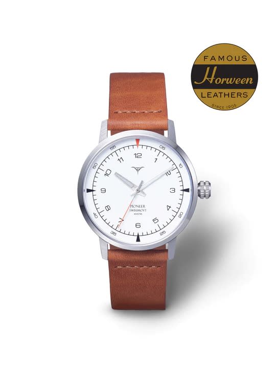 vstelle pionner watch in white with brown straps