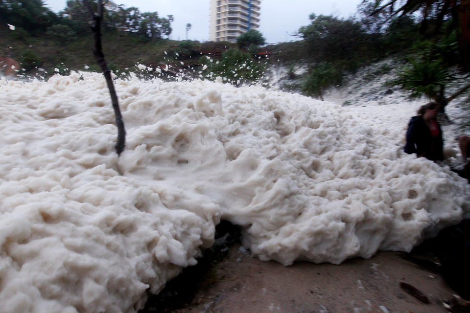 Ocean foam surge in Snapper Rocks as Queensland experiences severe rains and flooding from Tropical Cyclone Oswald on January 28, 2013 in Gold Coast, Australia. Hundreds have been evacuated from the towns of Gladstone and Bunderberg while the rest of Queensland braces for more flooding. (Photo by Chris Hyde/Getty Images)