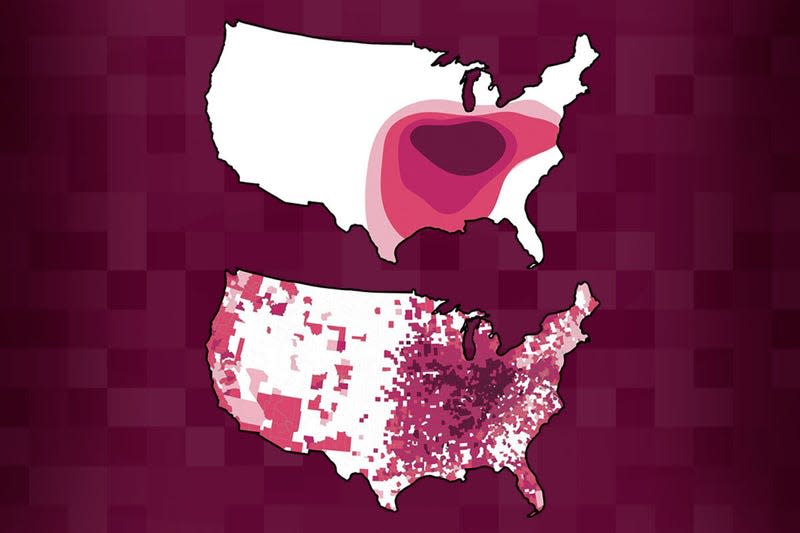 The fungus histoplasma, which causes lung infections, was concentrated in the Midwest in the 1950s and 60s (top map), but now causes significant disease throughout much of the country (bottom).