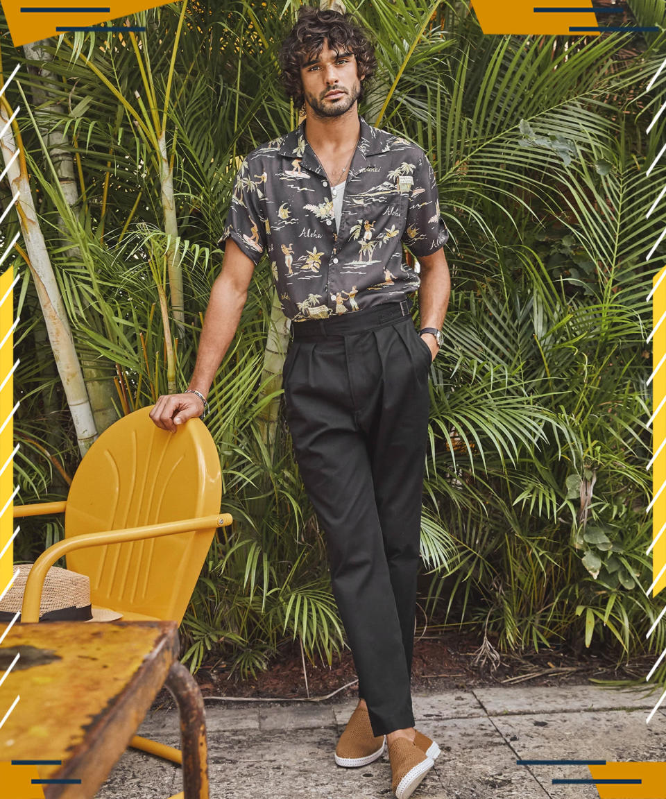 model wearing todd snyder aloha shirt