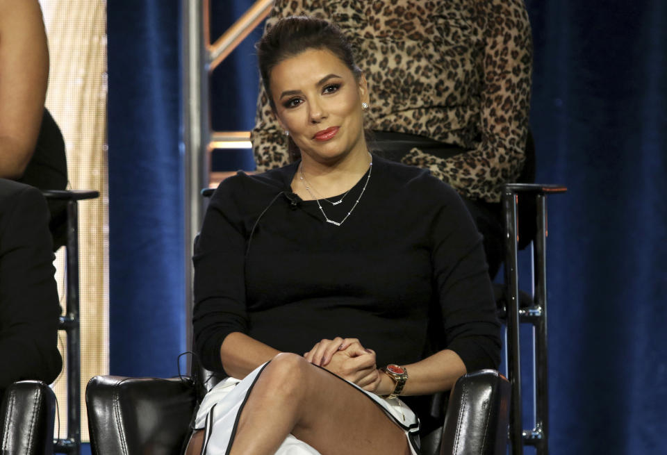 Eva Longoria participates in the "Grand Hotel" panel during the ABC presentation at the Television Critics Association Winter Press Tour at The Langham Huntington on Tuesday, Feb. 5, 2019, in Pasadena, Calif. (Photo by Willy Sanjuan/Invision/AP)