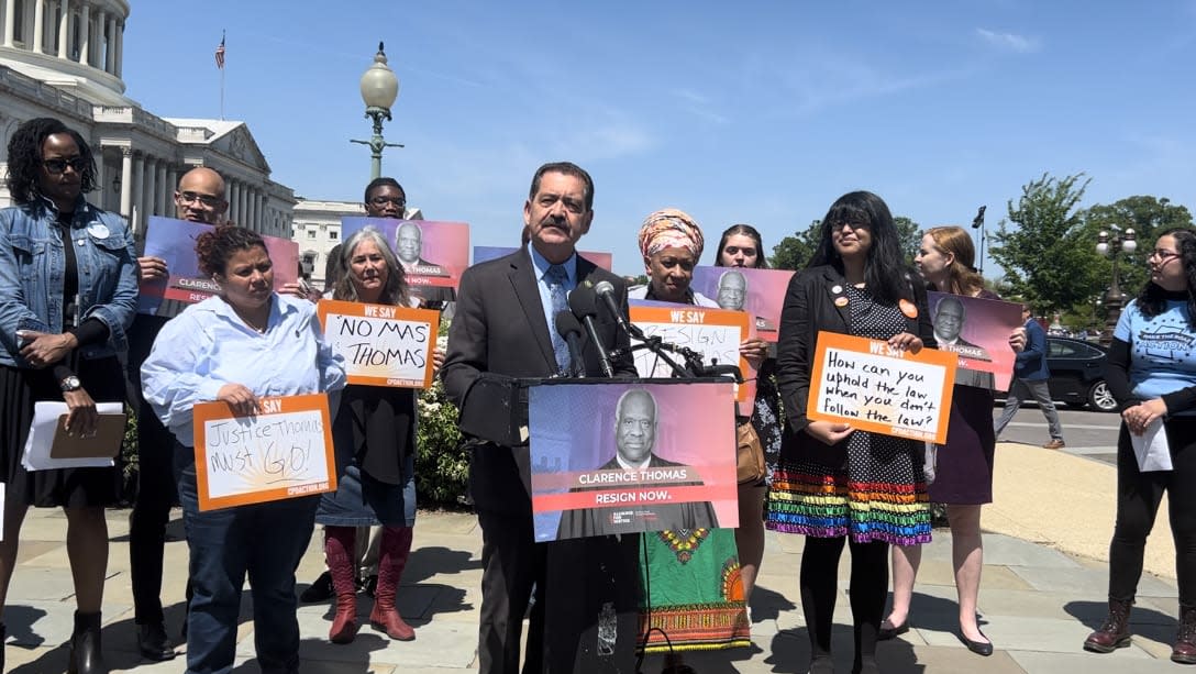Rep. Jesus “Chuy” Garcia, D-IL, delivers remarks at a press conference on Wednesday, April 19, 2023 to demand Supreme Court Justice Clarence Thomas resign. Credit: Ashlee Banks