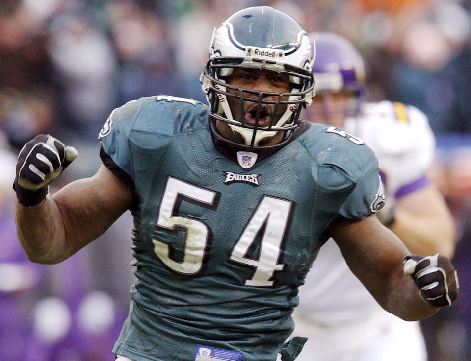 FILE - Philadelphia Eagles' Jeremiah Trotter reacts after sacking Minnesota Vikings' Daunte Culpepper during the second half of their NFC divisional playoff game in Philadelphia, Sunday, Jan. 16, 2005. Several top prospects play the same positions their father played in the league. They'll find out where they're going when the NFL draft kicks off next week in Detroit.(AP Photo/Bill Kostroun, File)