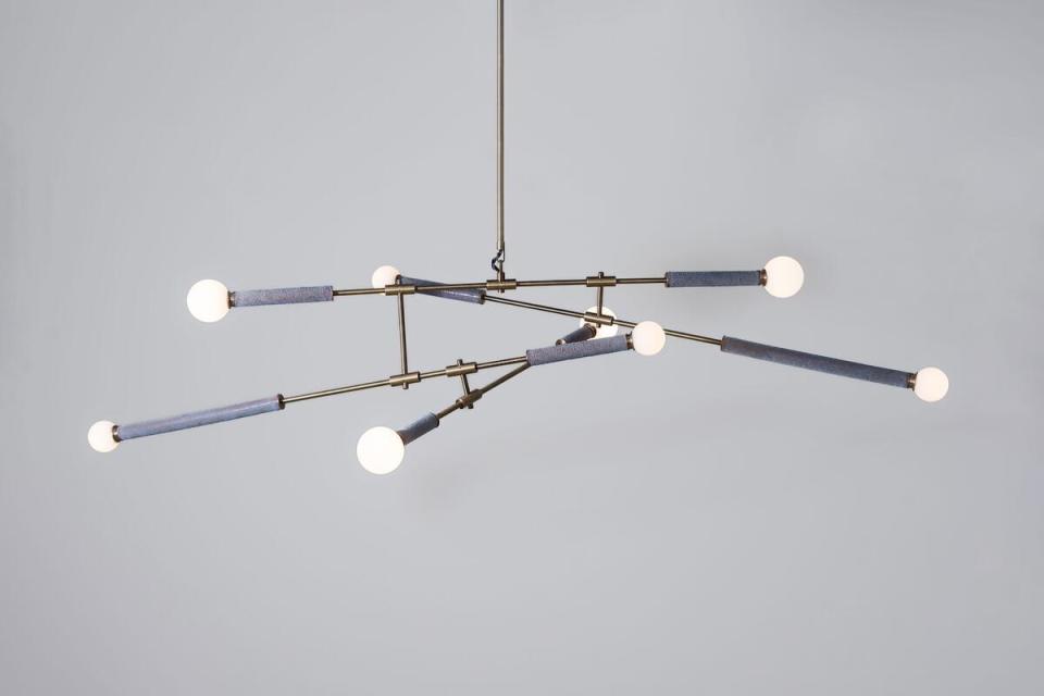 The Ayr ceiling fixture in Azure Lichen Glazed Terracotta and Light Aged Brass by Pax Lighting