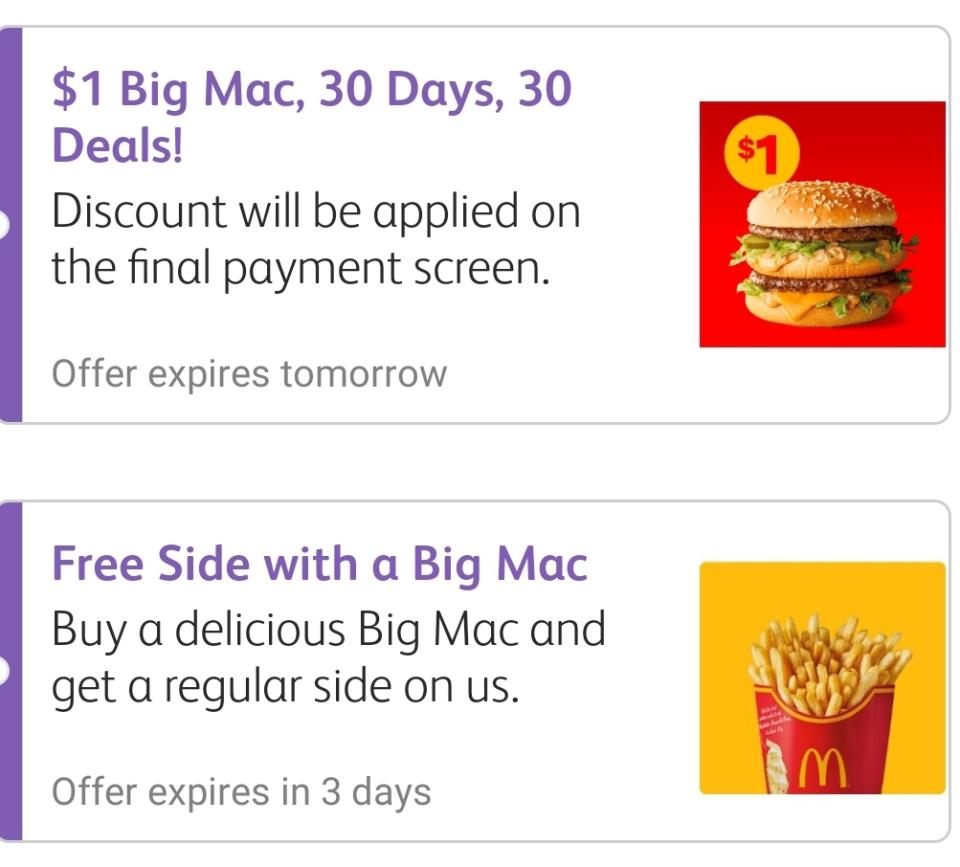 MyMaccas app showing the first November daily deal and a 'free side with a Big Mac' voucher. 