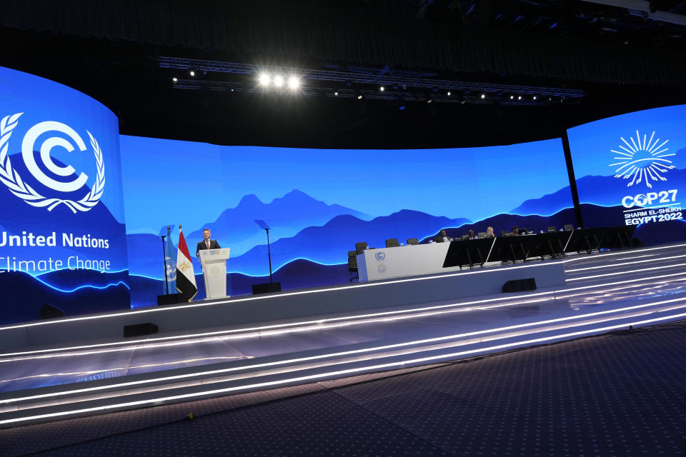 Christopher Bowen, minister of climate change and energy of Australia, speaks at the COP27 U.N. Climate Summit, Tuesday, Nov. 15, 2022, in Sharm el-Sheikh, Egypt. (AP Photo/Peter Dejong)