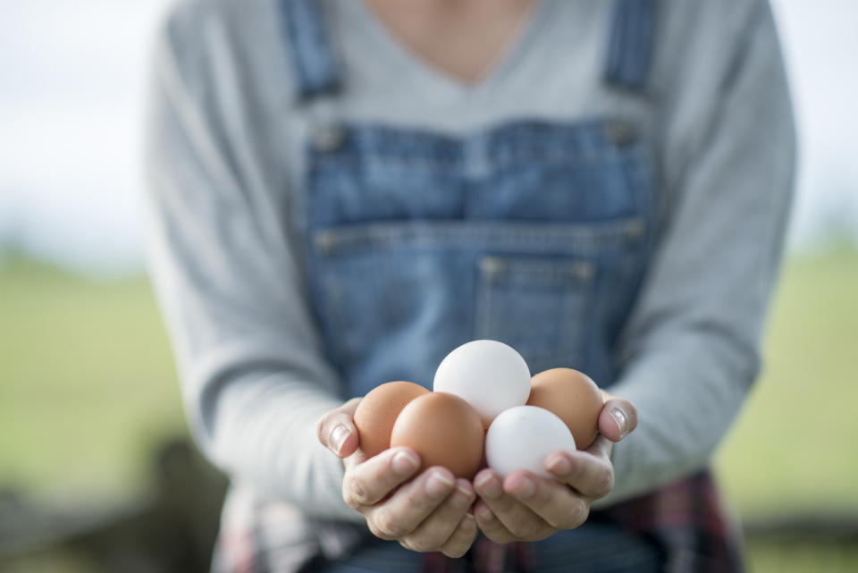 A person in denim overalls and a gray shirt is holding several brown and white eggs with both hands