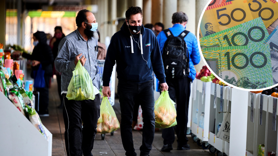 Two men holding single-use plastic bags at a supermarket and Australian currency in the top right hand corner to symbolise the fines that people now face.