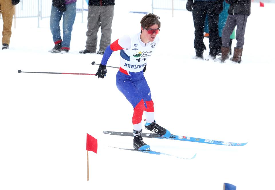 Mount Anthony's Luke Rizio turns a corner during the nordic skiing state championships on Tuesday morning at Rikert Outdoor Center. Rizio went on to win the D1 classic race.