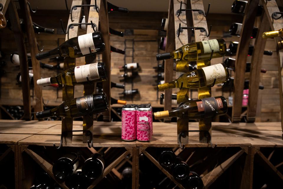 Lush Wine Company canned wine is displayed on a barrel at Barrel and Keg in Salem.