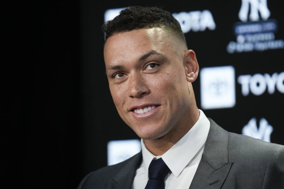 New York Yankees' Aaron Judge participates in a baseball news conference at Yankee Stadium, Wednesday, Dec. 21, 2022, in New York. Judge has been appointed captain of the New York Yankees after agreeing to a $360 million, nine-year contract to remain in pinstripes. (AP Photo/Seth Wenig)