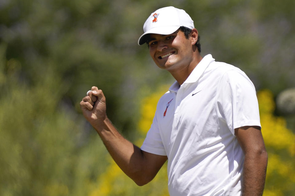 Oklahoma State golfer Eugenio Lopez-Chacarra pumps his fist after making birdie on the fifth green during the final round of the NCAA college men's stroke play golf championship, Monday, May 30, 2022, in Scottsdale, Ariz. (AP Photo/Matt York)