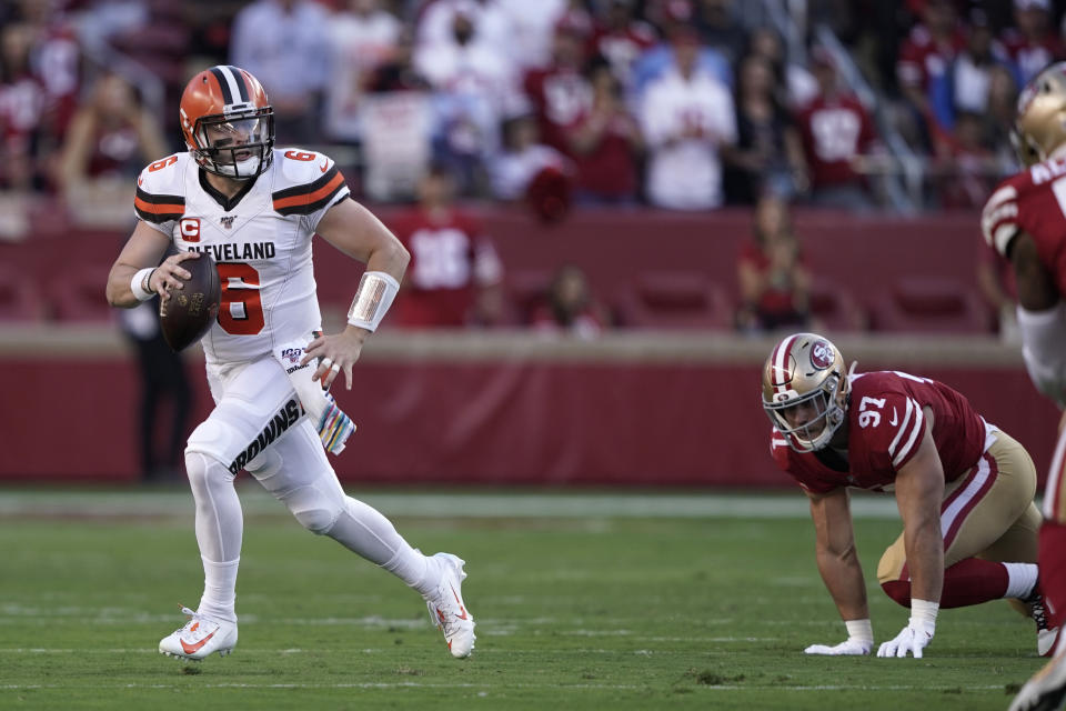 Oct 7, 2019; Santa Clara, CA, USA; Cleveland Browns quarterback Baker Mayfield (6) rolls out to throw a pass against the San Francisco 49ers in the first quarter at Levi's Stadium. Mandatory Credit: Cary Edmondson-USA TODAY Sports
