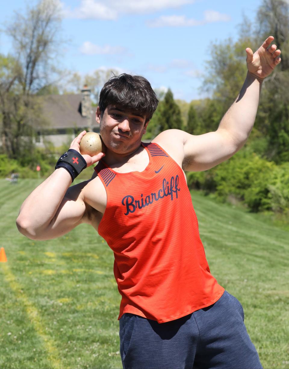 Rian Kelmendi from Briarcliff competes in the boys shot put during the 45th annual Joe Wynne Somers Lions Club Invitational at Somers High School, May 6, 2023. 