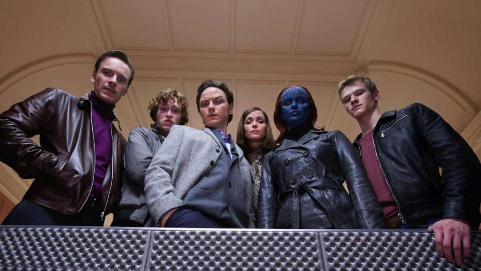 From left, Magneto, Banshee, Charles, Raven, Beast, and Havok in X-Men: First Class.