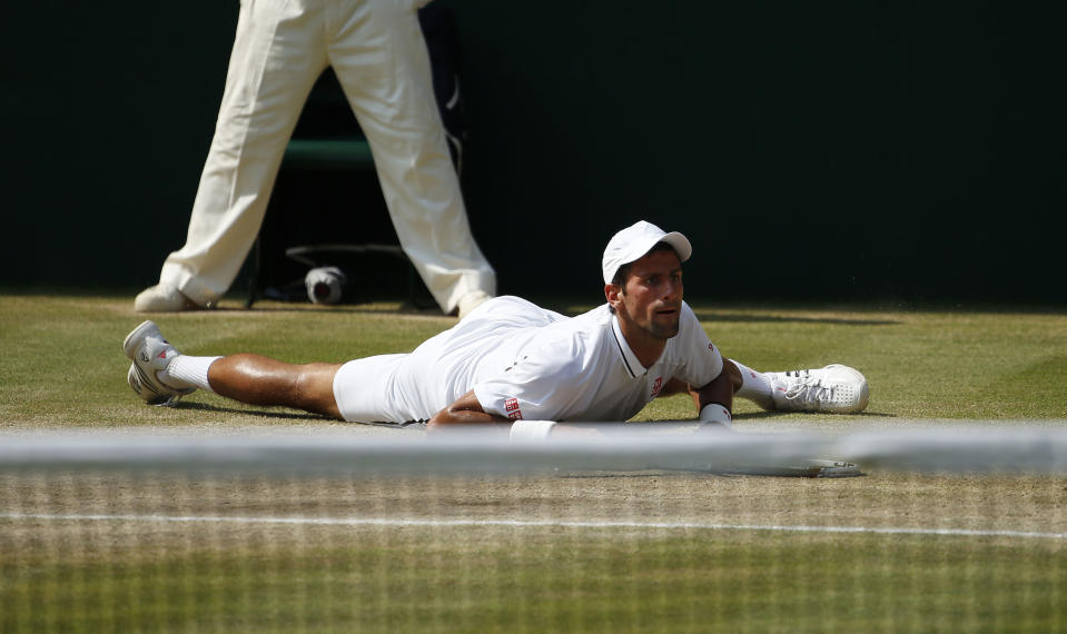 Serbia's Novak Djokovic in his Men's Final against Great Britain's Andy Murray during day thirteen of the Wimbledon Championships at The All England Lawn Tennis and Croquet Club, Wimbledon.