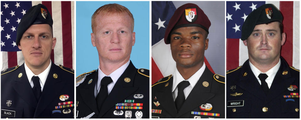 These images provided by the U.S. Army show Staff Sgt. Bryan C. Black; Staff Sgt. Jeremiah W. Johnson; Sgt. La David Johnson; and Staff Sgt. Dustin M. Wright, who were killed by militants believed linked to ISIS.