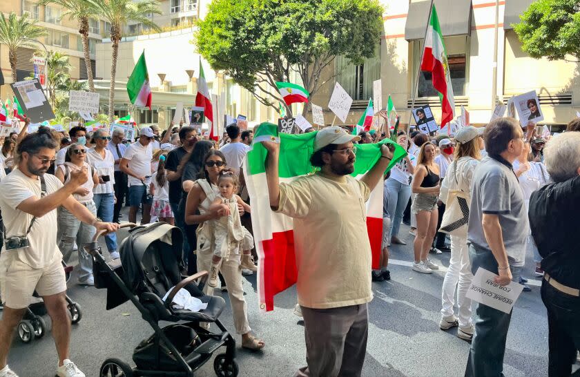 Iranian protests in Pershing Square in downtown L.A. housands of demonstrators turned out in downtown Los Angeles on Saturday to protest the death of the of Mahsa Amini, whose death in police custody in Iran triggered worldwide protests.