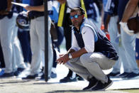 Tennessee Titans head coach Mike Vrabel watches from the sideline in the first half of an NFL football game against the Indianapolis Colts Sunday, Sept. 26, 2021, in Nashville, Tenn. (AP Photo/Wade Payne)