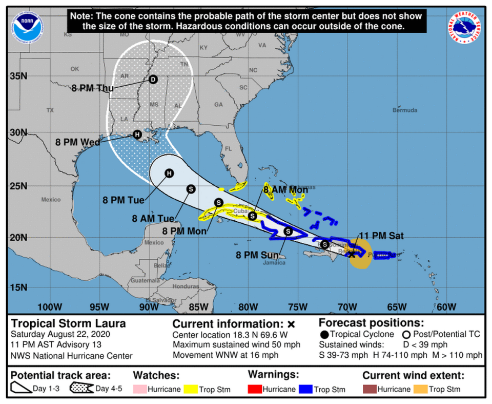 Tropical Storm Laura in the 11 p.m. Saturday, Aug. 22, 2020 advisory.