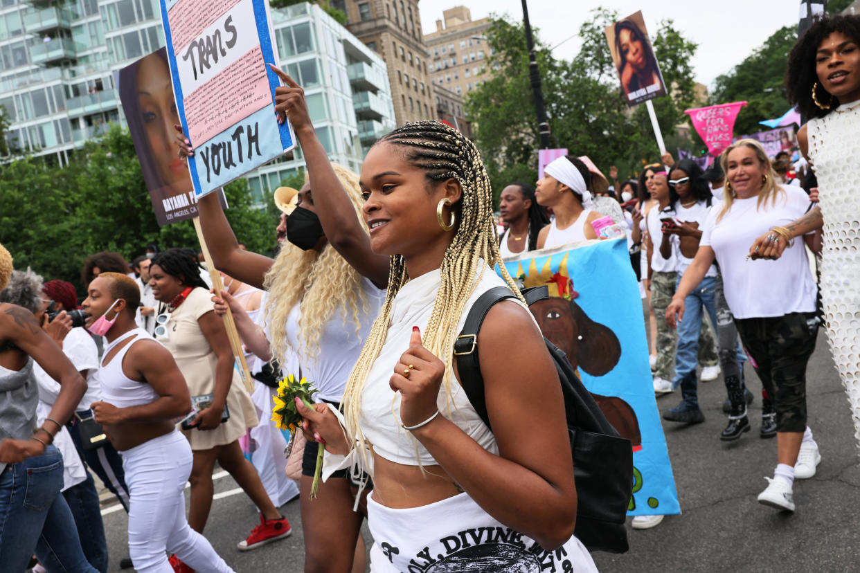 Raquel Willis, a transgender rights activist, is seen marching during the Brooklyn Liberation's Protect Trans Youth event in June 2021. More than 5 percent of U.S. adults under 30 identify as trans or nonbinary, Pew Research Center has found. (Getty Images)