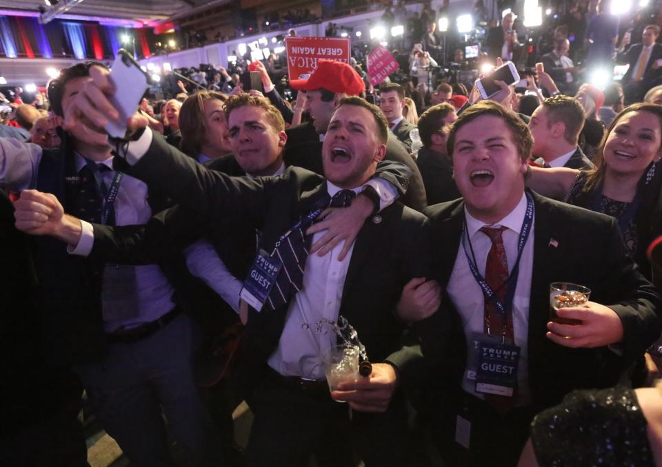 Supporters of Republican presidential nominee Donald Trump react at his election night rally in Manhattan, N.Y. on, Nov. 8, 2016. (Photo: Carlo Allegri/Reuters)