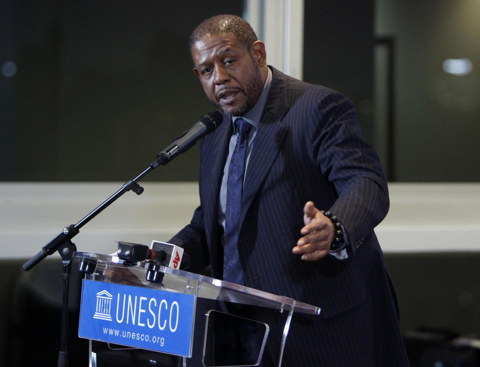 FILE - In this Feb. 7, 2012 file photo, actor Forest Whitaker speaks in Paris. Sarah Jessica Parker, Kerry Washington and Forest Whitaker are signing up for a new initiative Monday with the Obama administration to adopt some of the nation’s worst-performing schools and help turn them around by integrating arts education throughout the schools. (AP Photo/Remy de la Mauviniere, File)