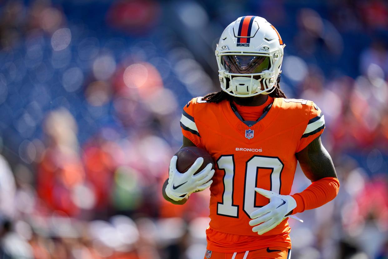 Denver Broncos wide receiver Jerry Jeudy warms up against the New York Jets during an NFL football game Sunday, Oct. 8, 2023, in Denver.