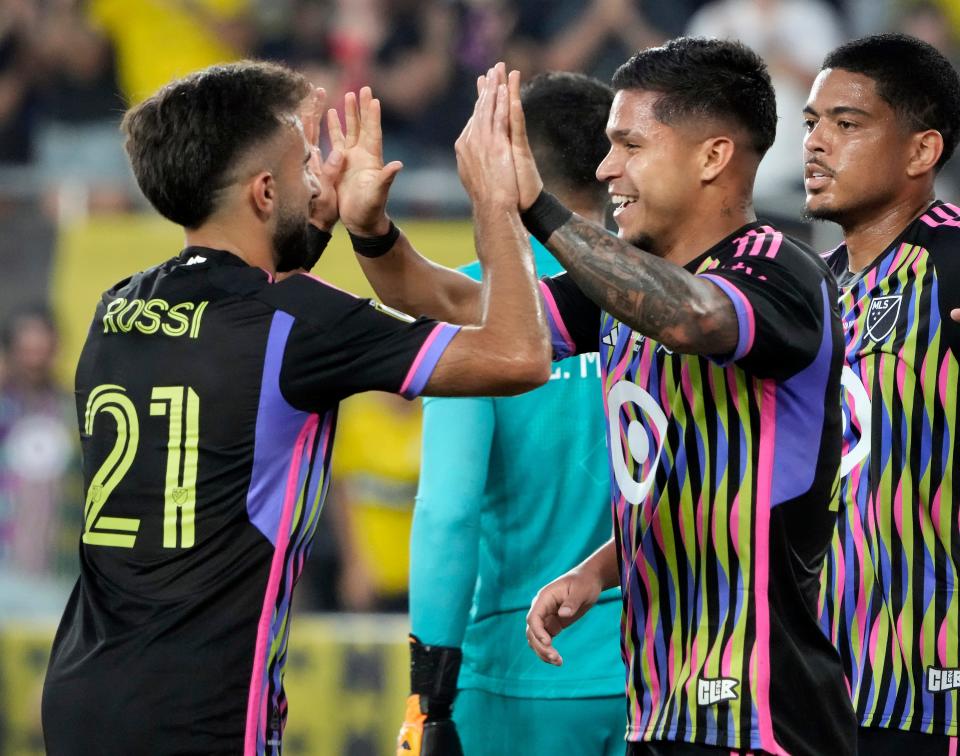 Jul 24, 2024; Columbus, OH, USA; MLS forward Cucho Hernandez of the Columbus Crew (24) celebrates his goal with teammate Diego Rossi of the Columbus Crew (21) against Liga MX during the first half of the MLS All-Star game at Lower.com Field.