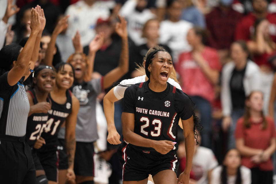 South Carolina guard Bully Hall reacts after a 3-pointer during overtime against Stanford at the Maples Pavilion in Stanford, Calif., Nov. 20, 2022.  (Darren Yamashita/USA TODAY Sports)