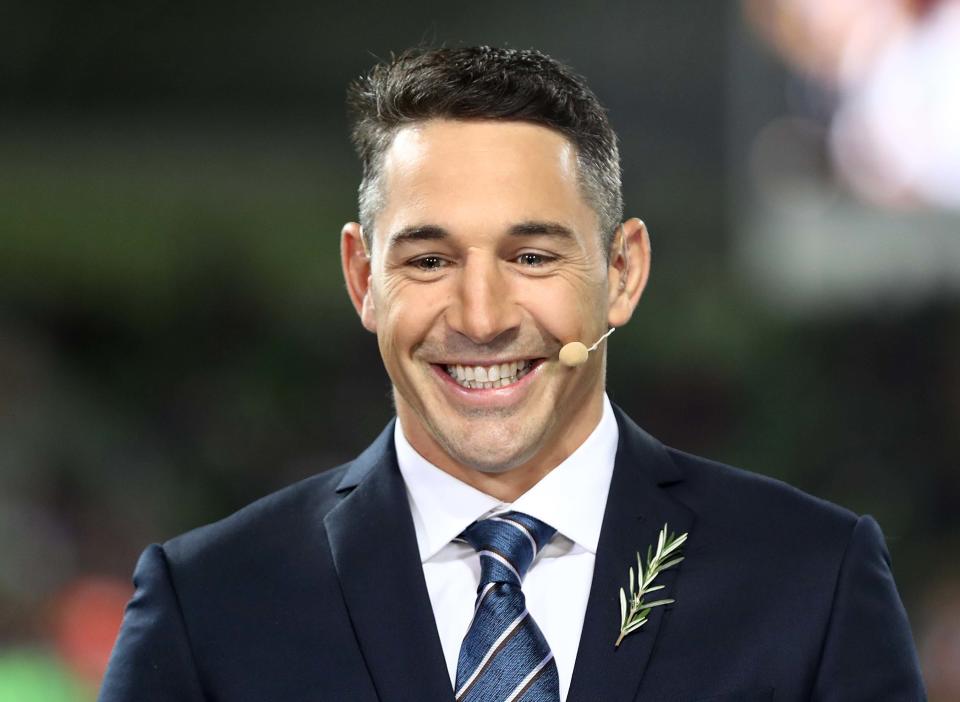 Billy Slater commentates during the round 7 NRL match between the Melbourne Storm and the New Zealand Warriors.